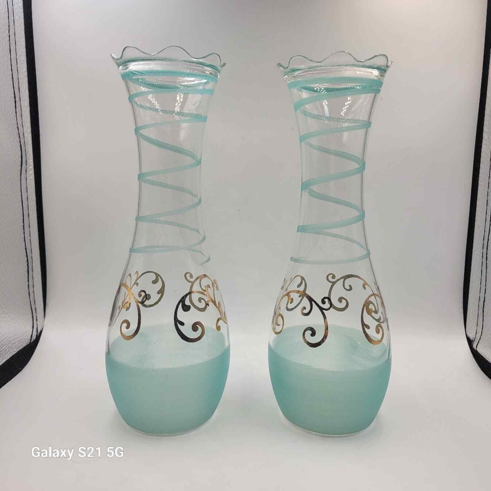 Vintage Aqua & Gold Mid-Century Modern Hand Painted Glass Vases - set of 2