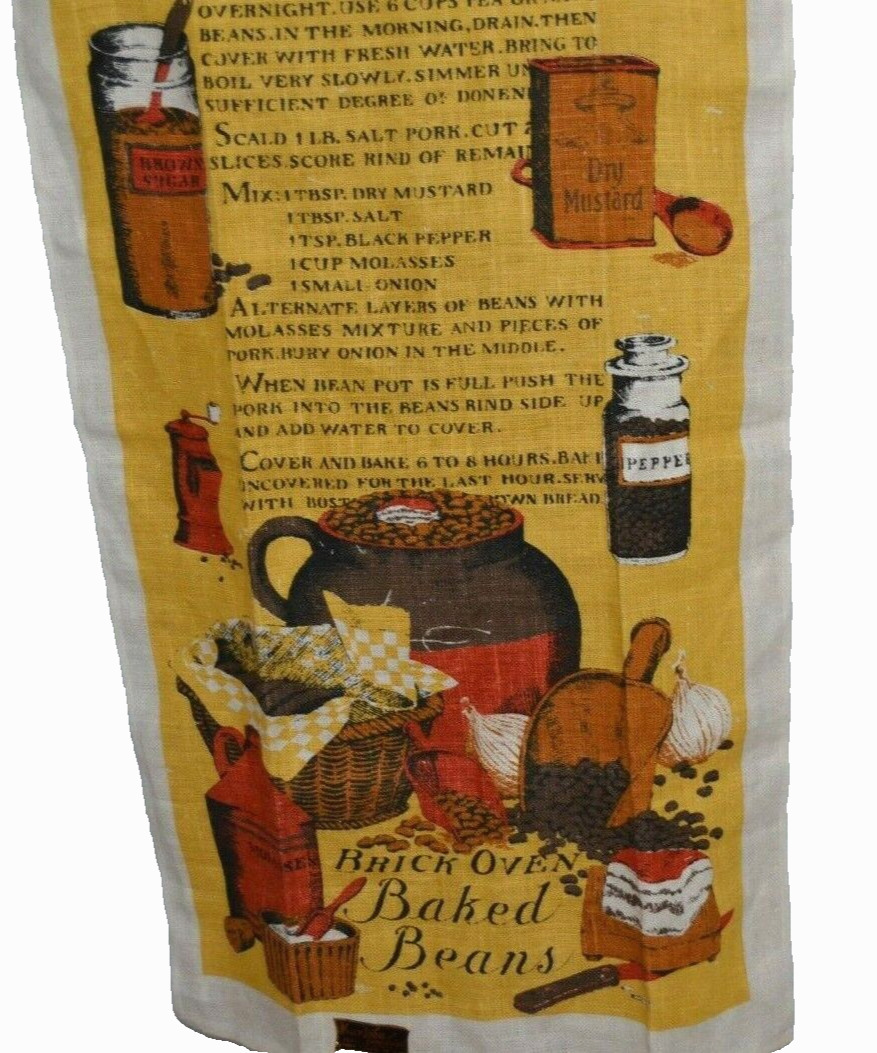 Linen Tea Towel BRICK OVEN BAKED BEANS PRINTED RECIPE by KAY DEE NOS NWT Vtg 