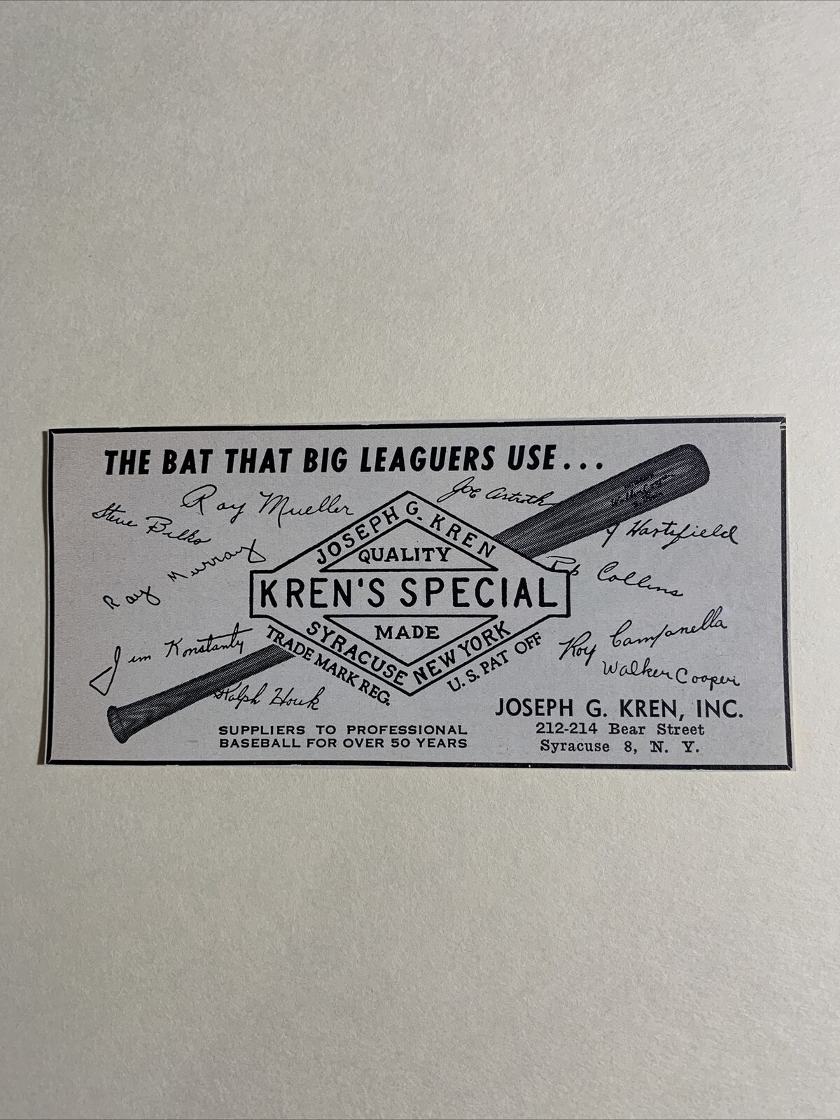 Kren’s Special Bats Syracuse Walker Cooper Roy Campanella 1954 NBC Baseball Ad