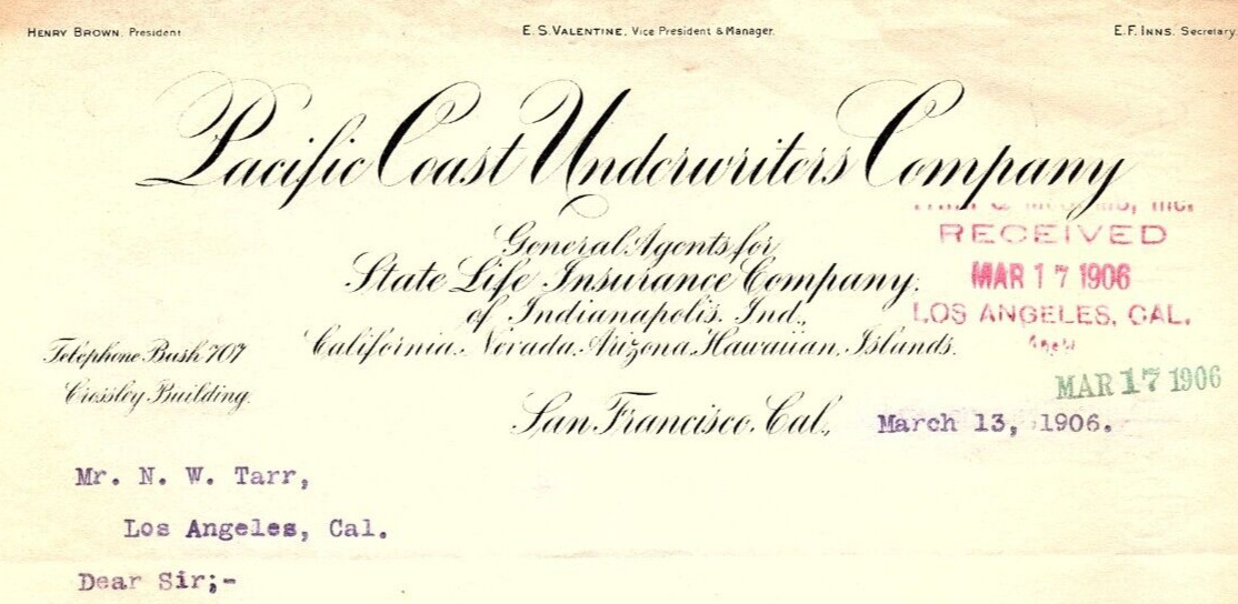 1906 PACIFIC COAST UNDERWRITERS COMPANY SAN FRANCISCO CA  LETTERHEAD Z1401