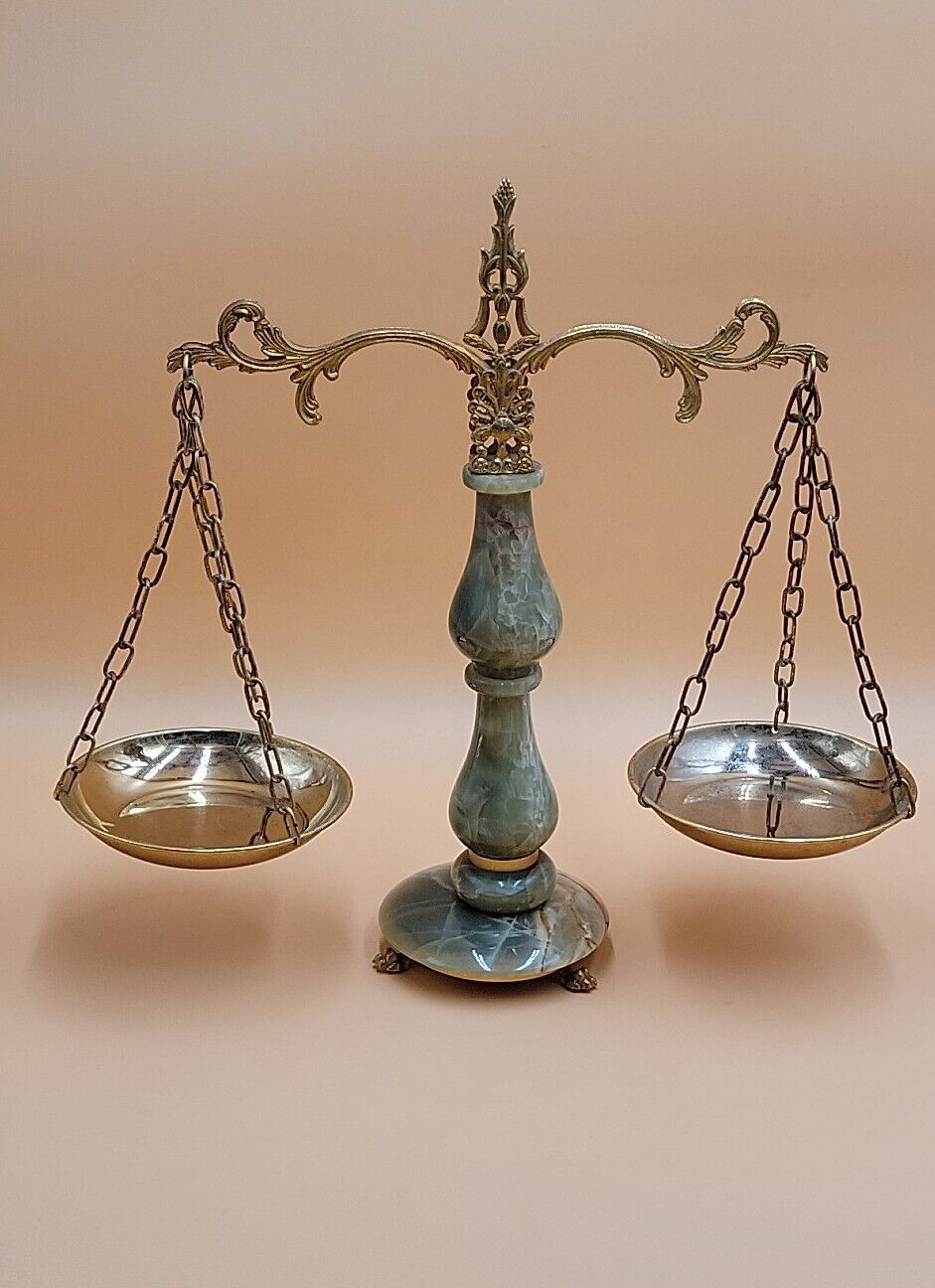 Scales Of Justice Ornamental Art Green Onyx & Brass Balance Scale