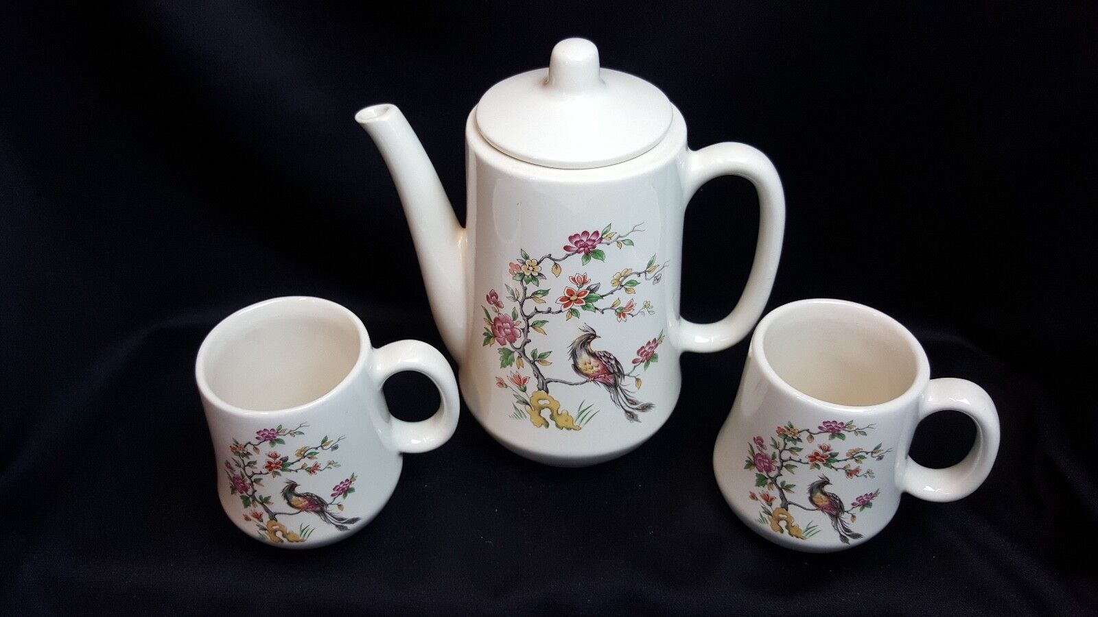  Teapot And Cups (2) For Two - Floral And Bird Design (Teapot 24 oz.) Signed