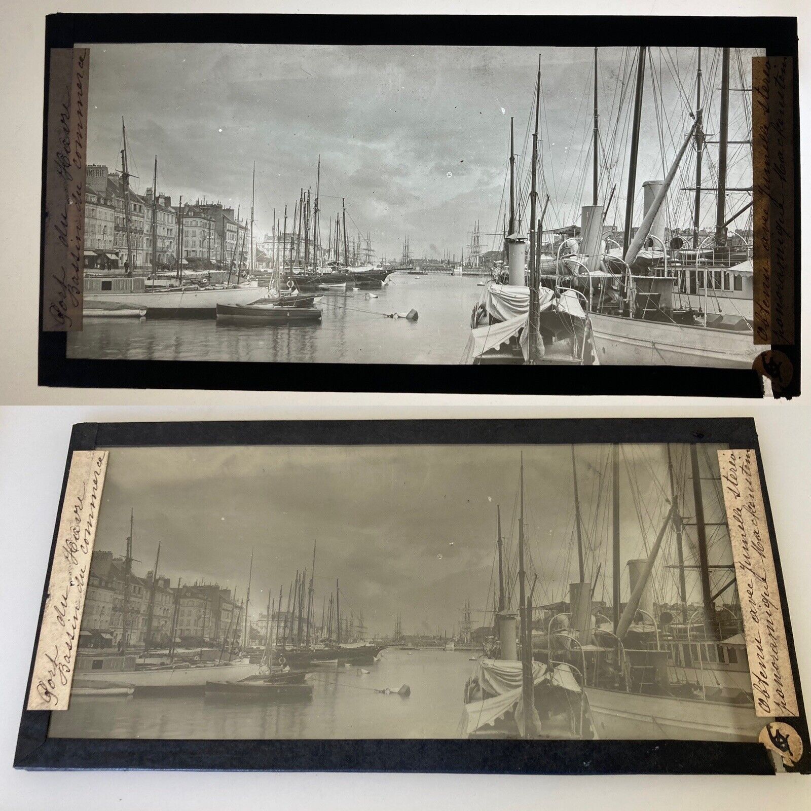 LE HAVRE 1899 PORT BASIN DU COMMERCE GLASS PLATE 8.5x17 PANORAMIC PHOTO VIEW