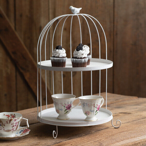 Birdcage Display Tray in white metal - Two Tier