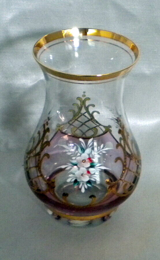 Moser Style Hand Painted ENAMEL and GILT VASE - Mauve to Clear -  6\