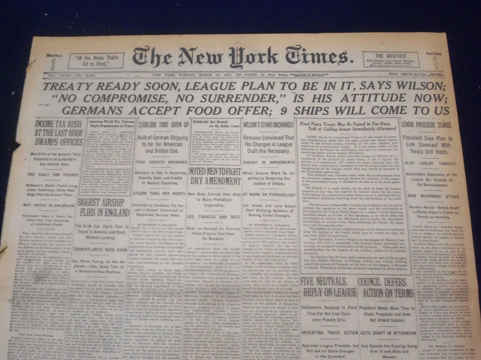 1919 MARCH 16 NEW YORK TIMES - WILSON SAYS TREATY READY SOON - NT 9276