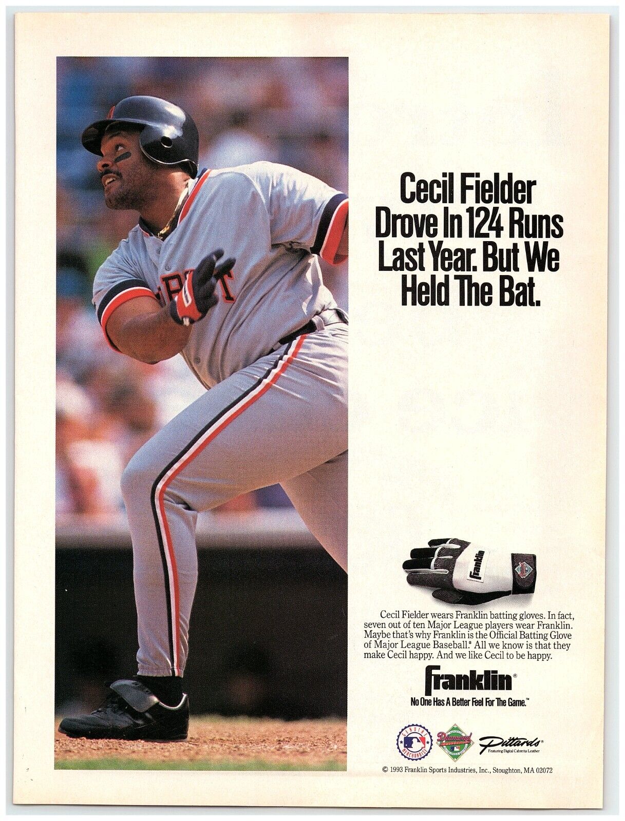 1993 Franklin Print Ad, Cecil Fielder Batting Gloves Detroit Tigers 124 RBIs Bat