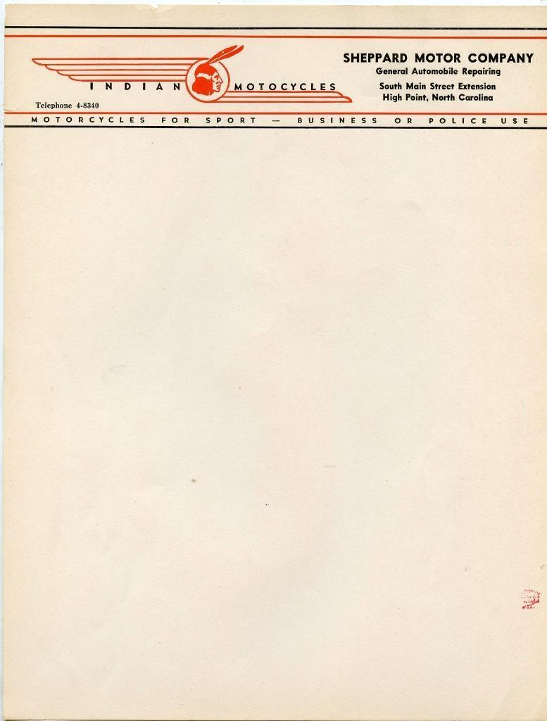 1940s Indian Motorcycle Letterhead Sheppard Motor Co HIGH POINT NC