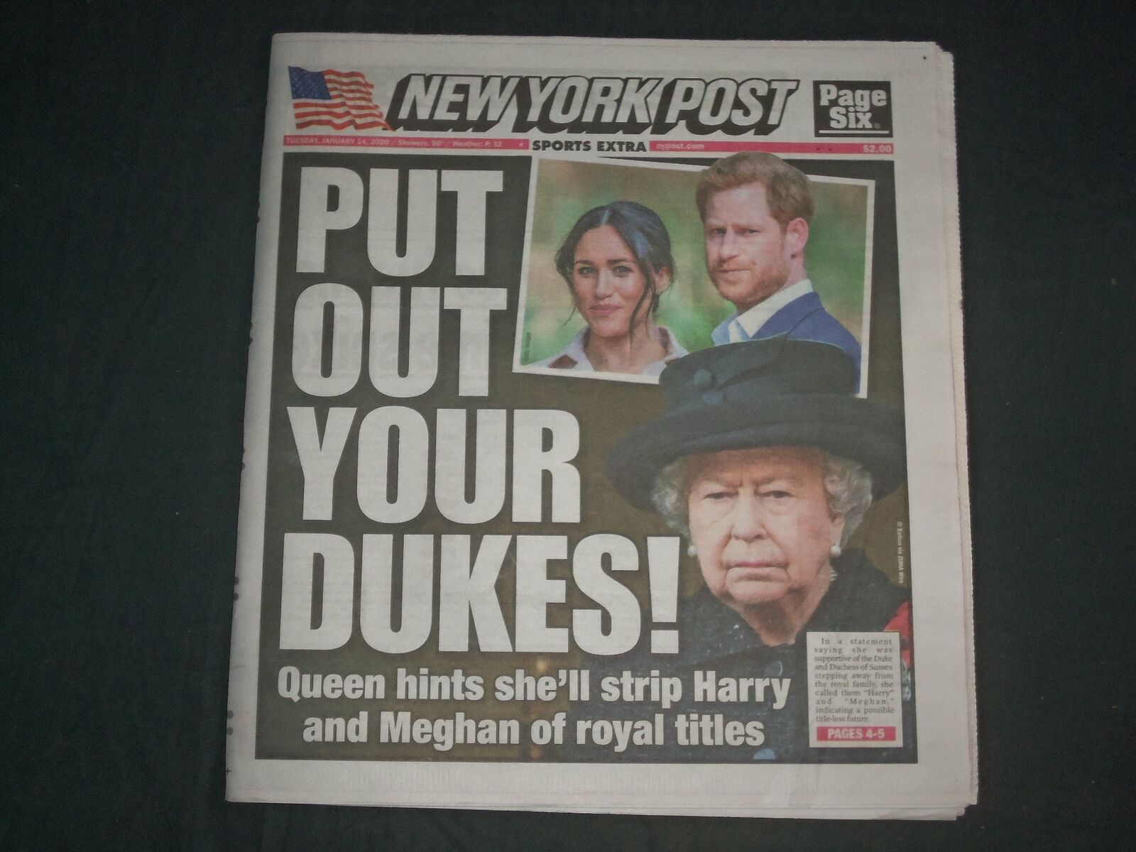 2020 JANUARY 14 NEW YORK POST NEWSPAPER- QUEEN TO STRIP HARRY & MEGHAN OF TITLES