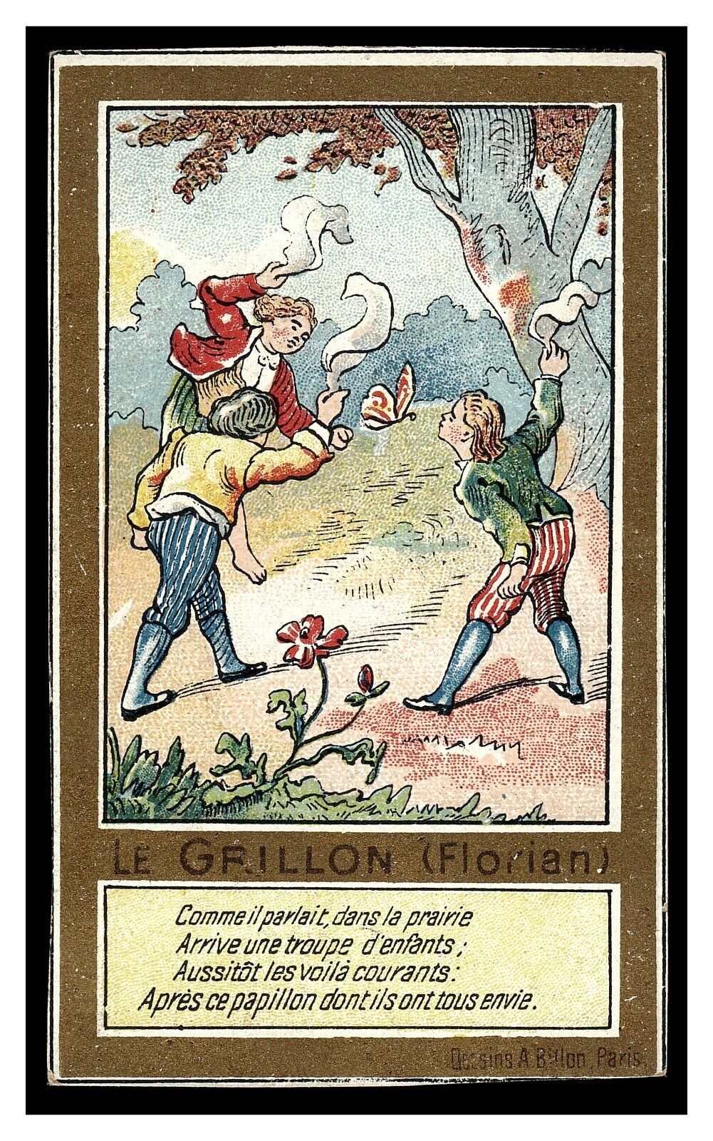 THE CRICKET LE GRILLON FLORIAN TRADE CARD HAND  CUT 1900\'S  FRENCH FABLE NICE
