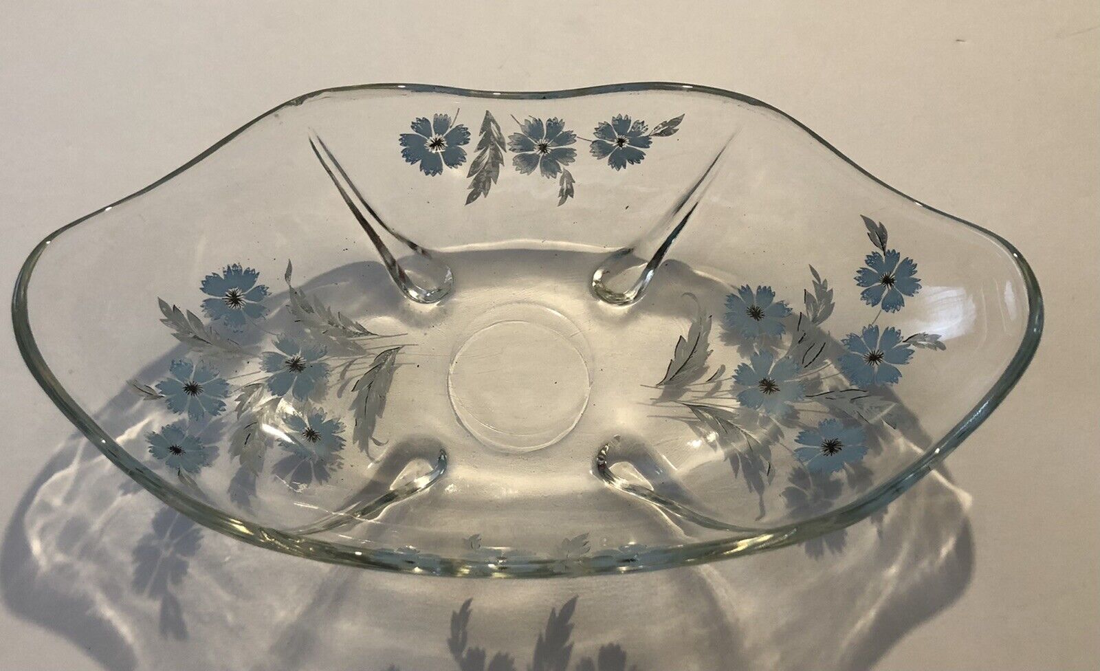 Gorgeous Vintage Clear Glass Candy Dish Hand Painted Blue Flowers