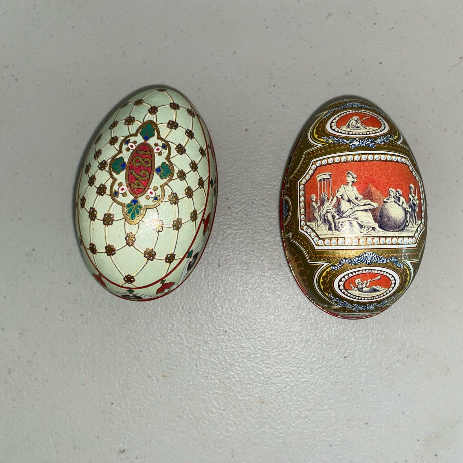 Pair of Vintage Vincenzo Faberge Imperial Cameo & 1894 Litho Tin Egg Container