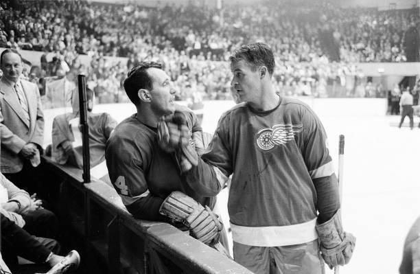 Detroit Red Wings Gordie Howe and Bill Gadsby on ice before game v - Old Photo