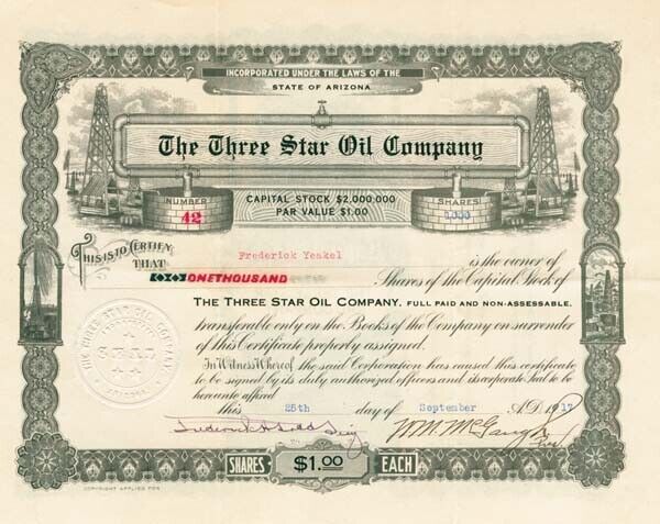 Three Star Oil Co. - Stock Certificate - Oil Stocks and Bonds
