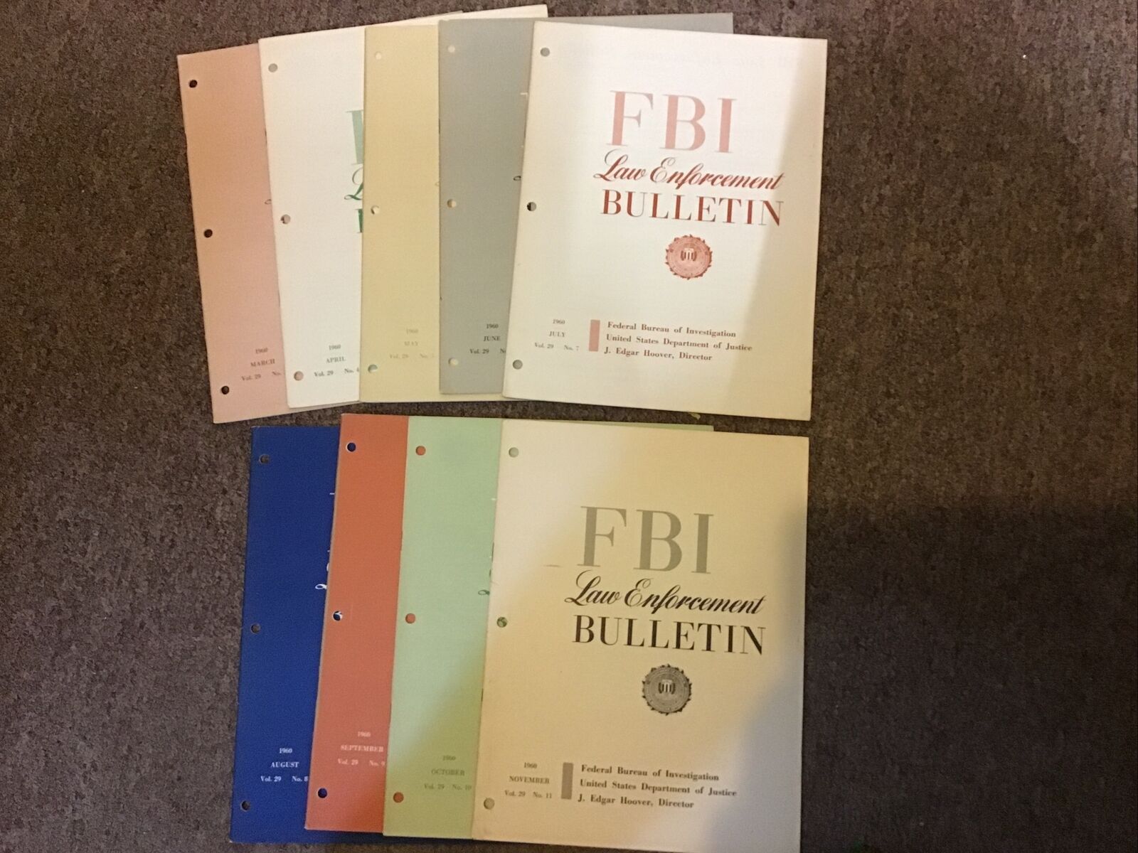 Lot 9 FBI Law Enforcement Bulletins Hoover March-Nov 1960