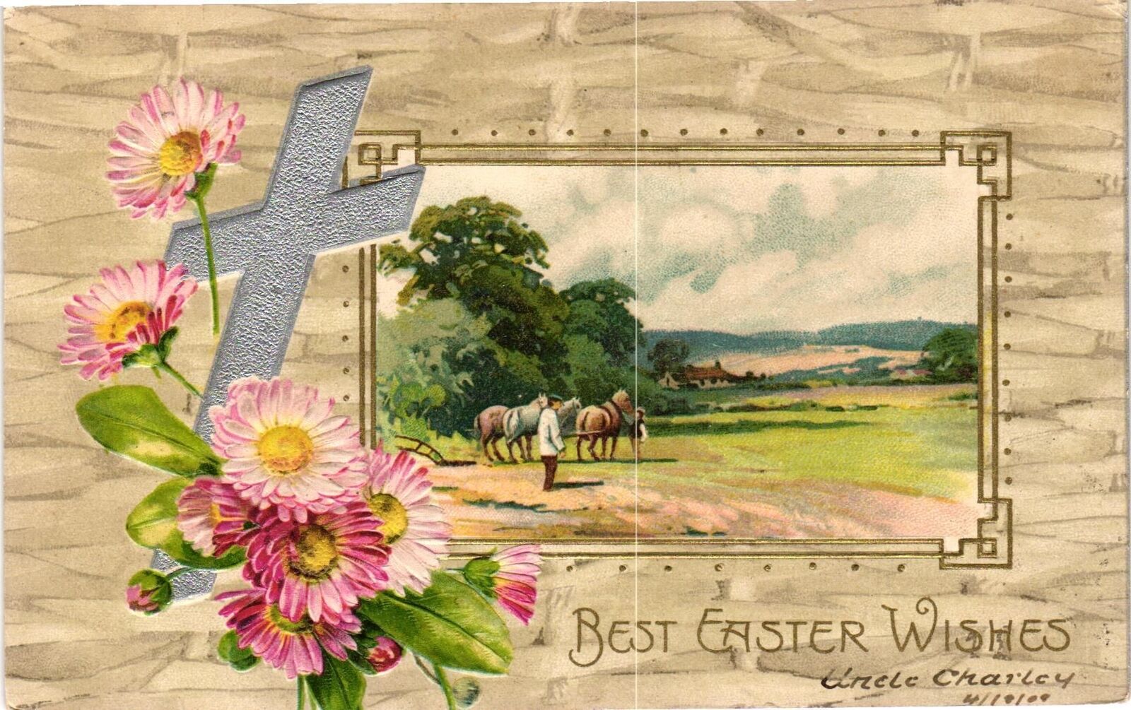 Vintage Postcard- BEST EASTER WISHES, PINK FLOWERS, CROSS, MAN AND HORSES IN A F