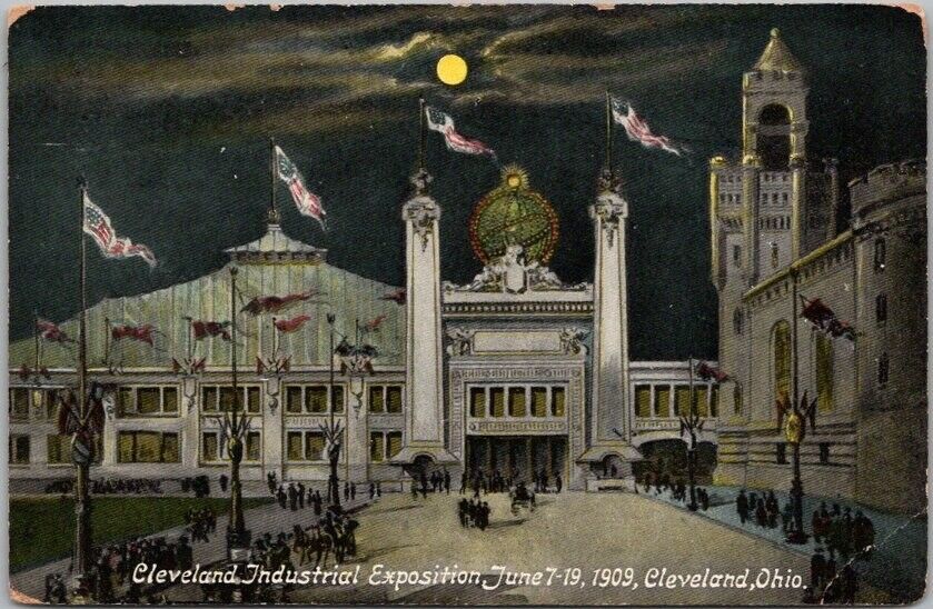 1909 CLEVELAND INDUSTRIAL EXPOSITION Postcard Grounds View at Night / Unused