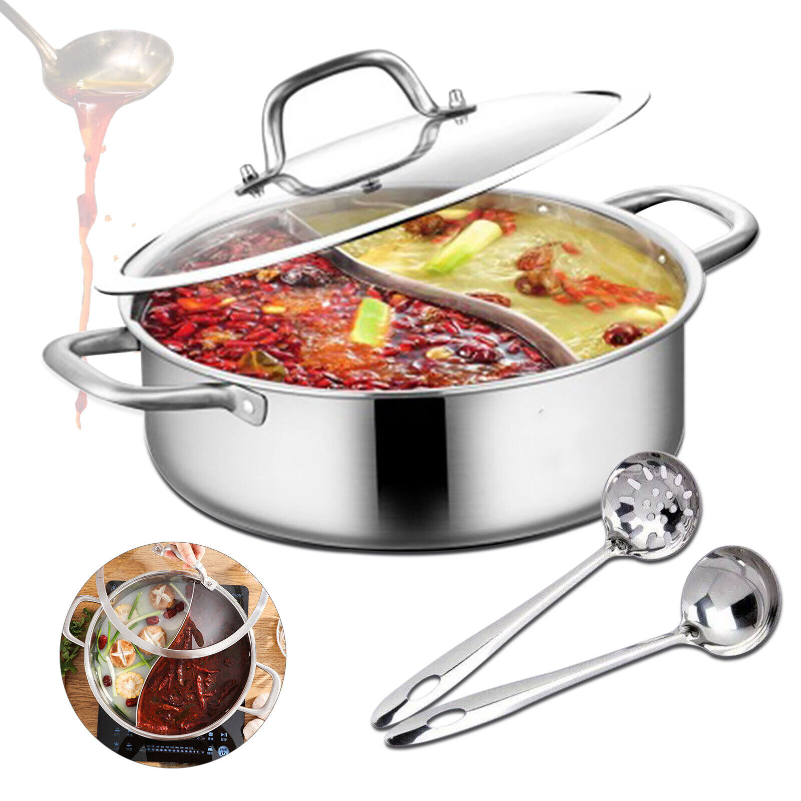 Shabu Shabu Dual Sided Cooking Soup Hot Pot w/ Lid Stockpot Stainless Steel