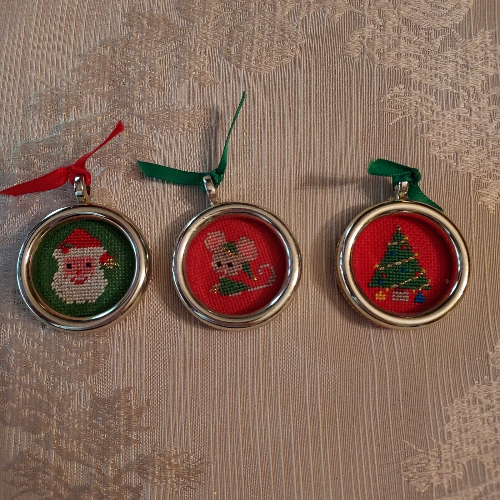 Vintage Handmade Needlepoint Framed Small Christmas Ornaments Mouse Santa Tree