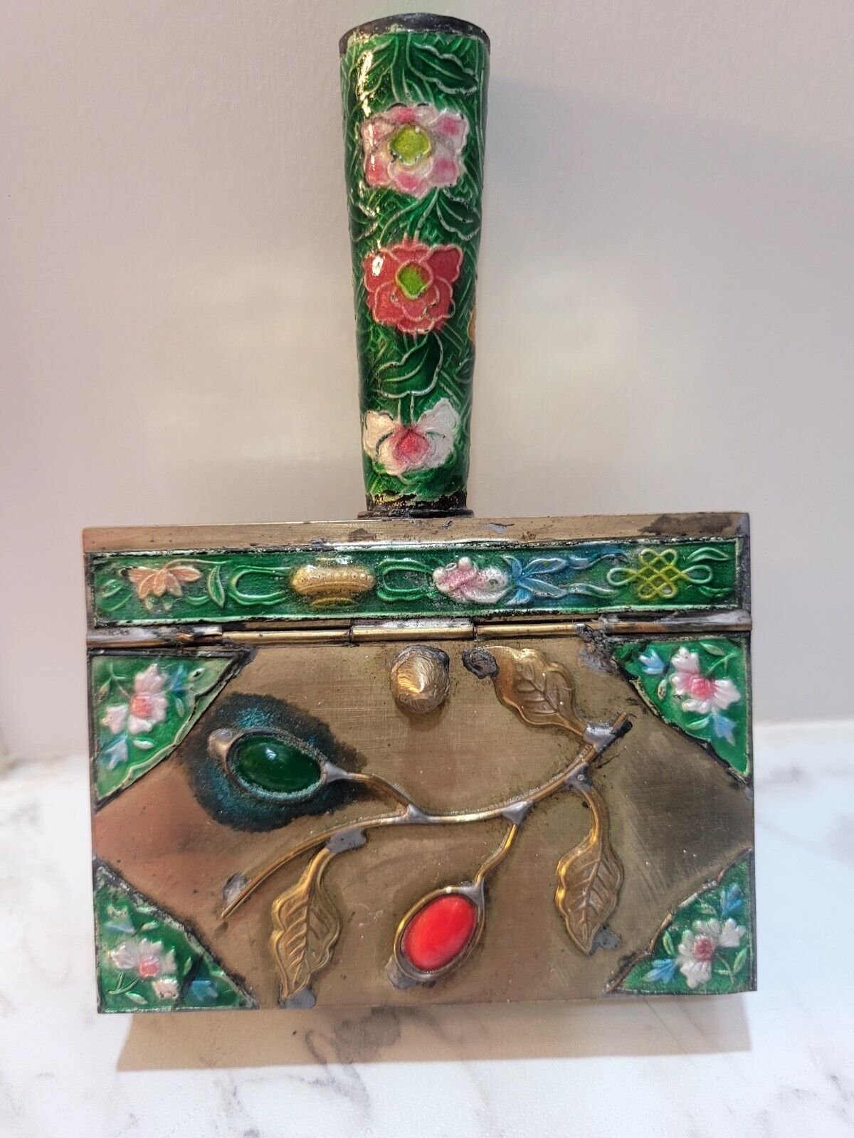 Vintage Cloisonné Lidded & Hinged Box Makeup Compact with Handle China Enamel