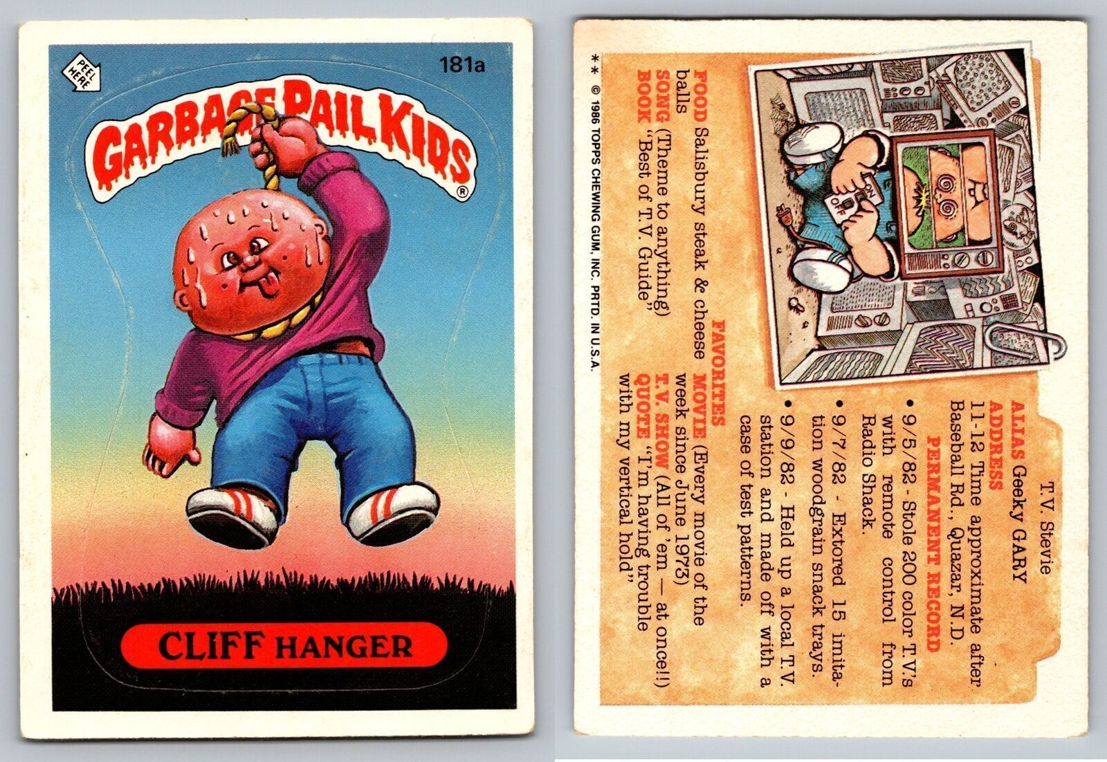 1986 Topps Garbage Pail Kids Series 5 CLIFF Hanger 181a GPK 2-Star Card NM