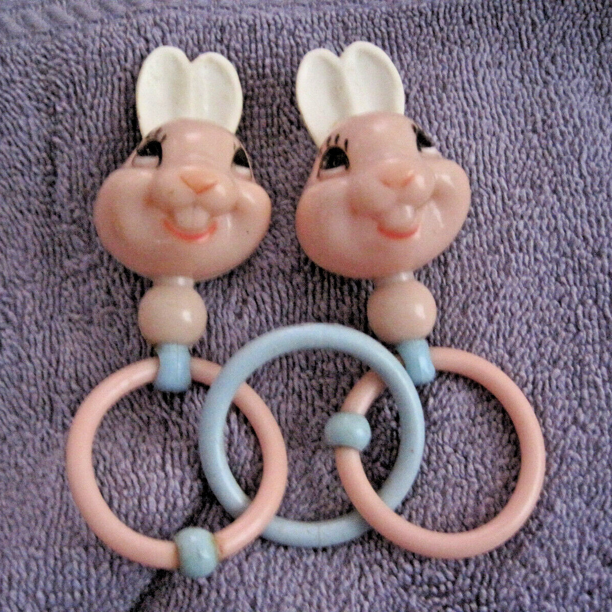 Cute Antique bunny  Baby rattles joined by rings / pink/ blue / white / SEE LIST