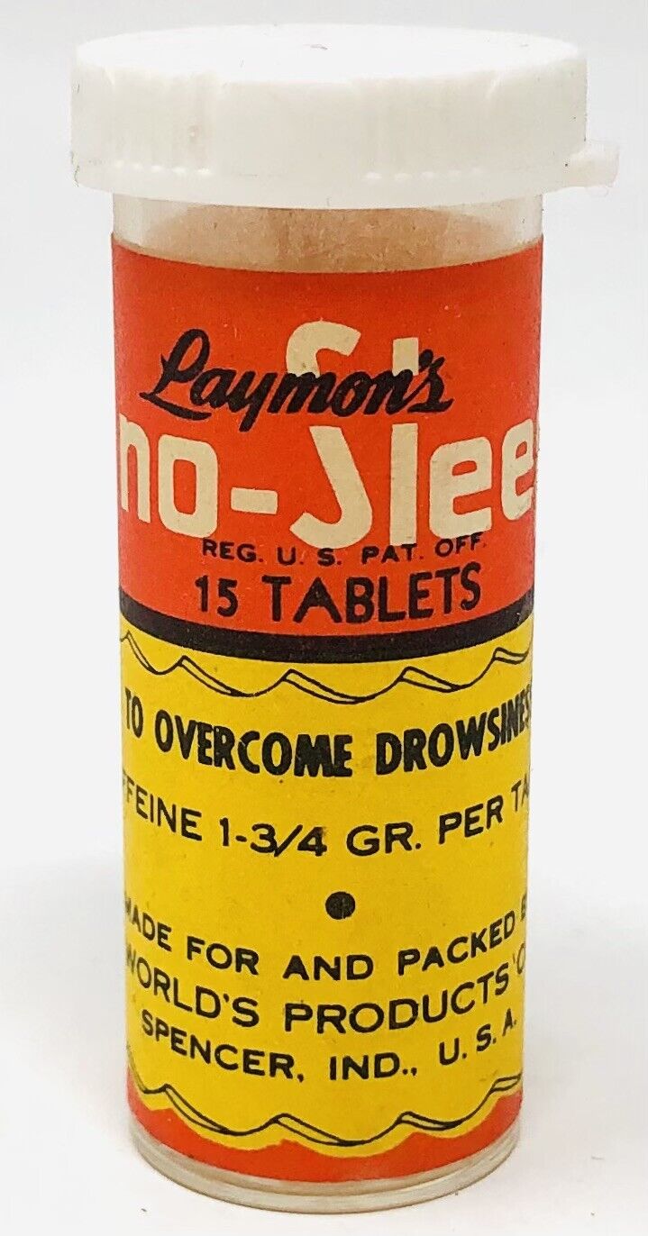Laymon\'s No-Sleep Collectable Medicine Bottle Caffeine Pills EMPTY A23