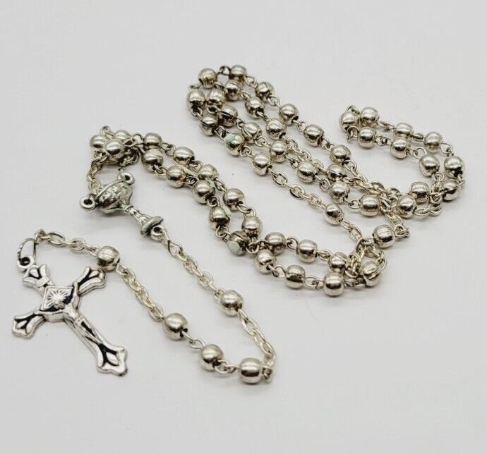 Vintage Rosary First Communion Rosary Silver tone 16 in  †