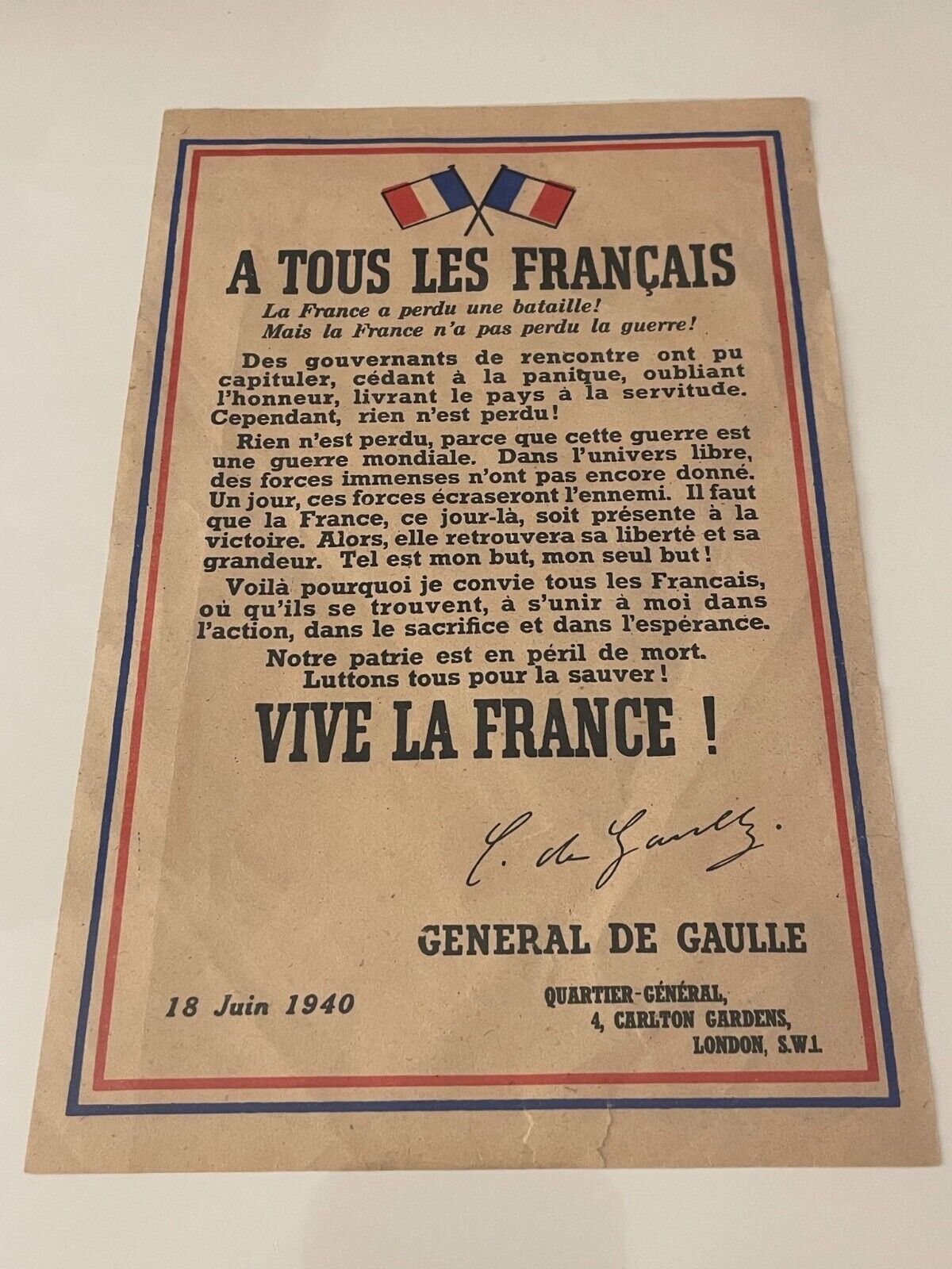 RARE ORIGINAL JUNE 18 1943 CALL POSTER DE GAULLE FRANCE LIBRE FFI FFL