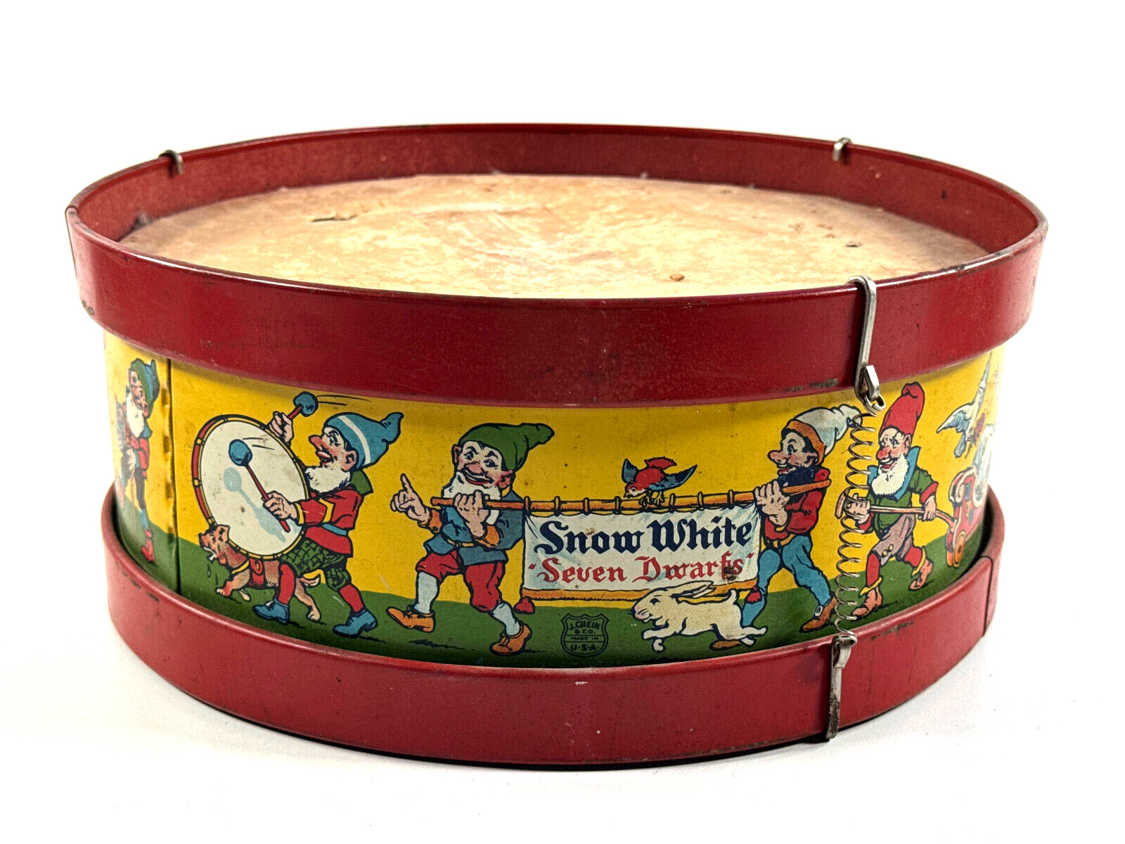 vtg 1930s J. Chein Walt Disney Snow White Seven Dwarfs Toy Play Drum tin litho