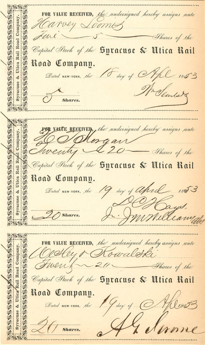 Syracuse and Utica Rail Road Co. signed by Addison G. Jerome - Three Stock Trans