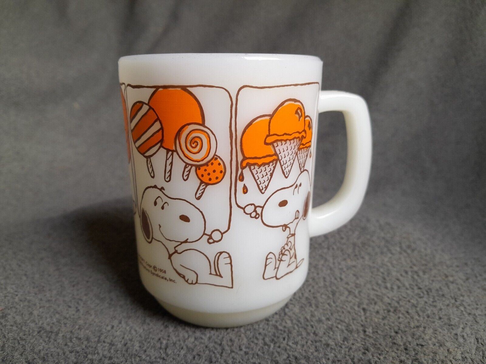 Vintage 1958 Snoopy Fire King Cup Mug Milk Glass Sweet Dreams White/Orange