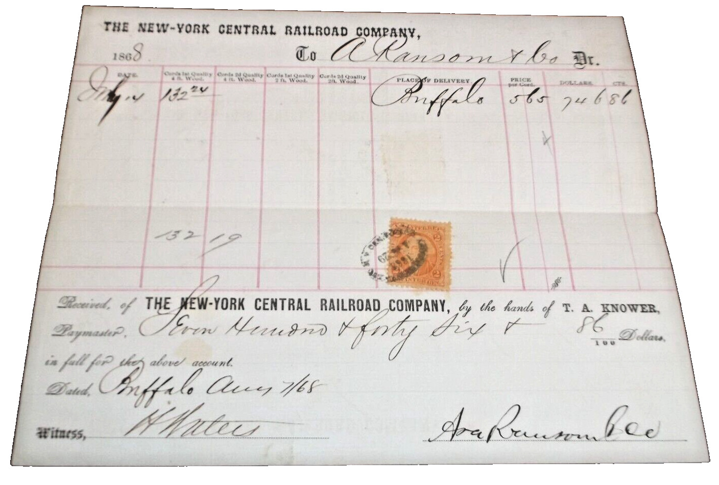 JUNE 1868 NEW YORK CENTRAL NYC RAILROAD BILL FOR WOOD BUFFALO A. RANSOM COMPANY