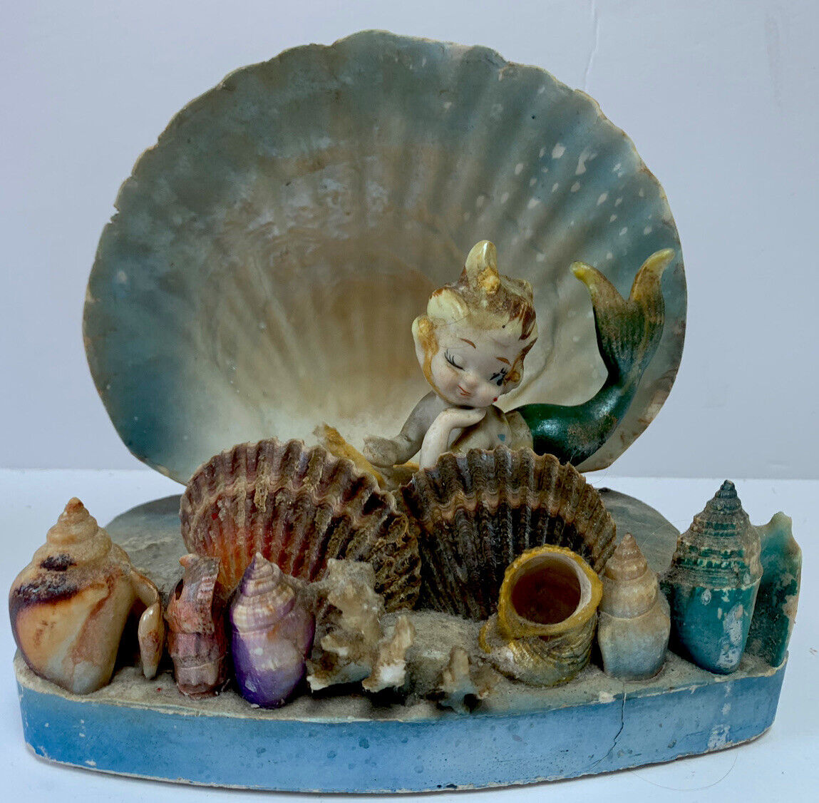 Vintage Winking Bradley Mermaid on Shells With Coral Sand Sculpture