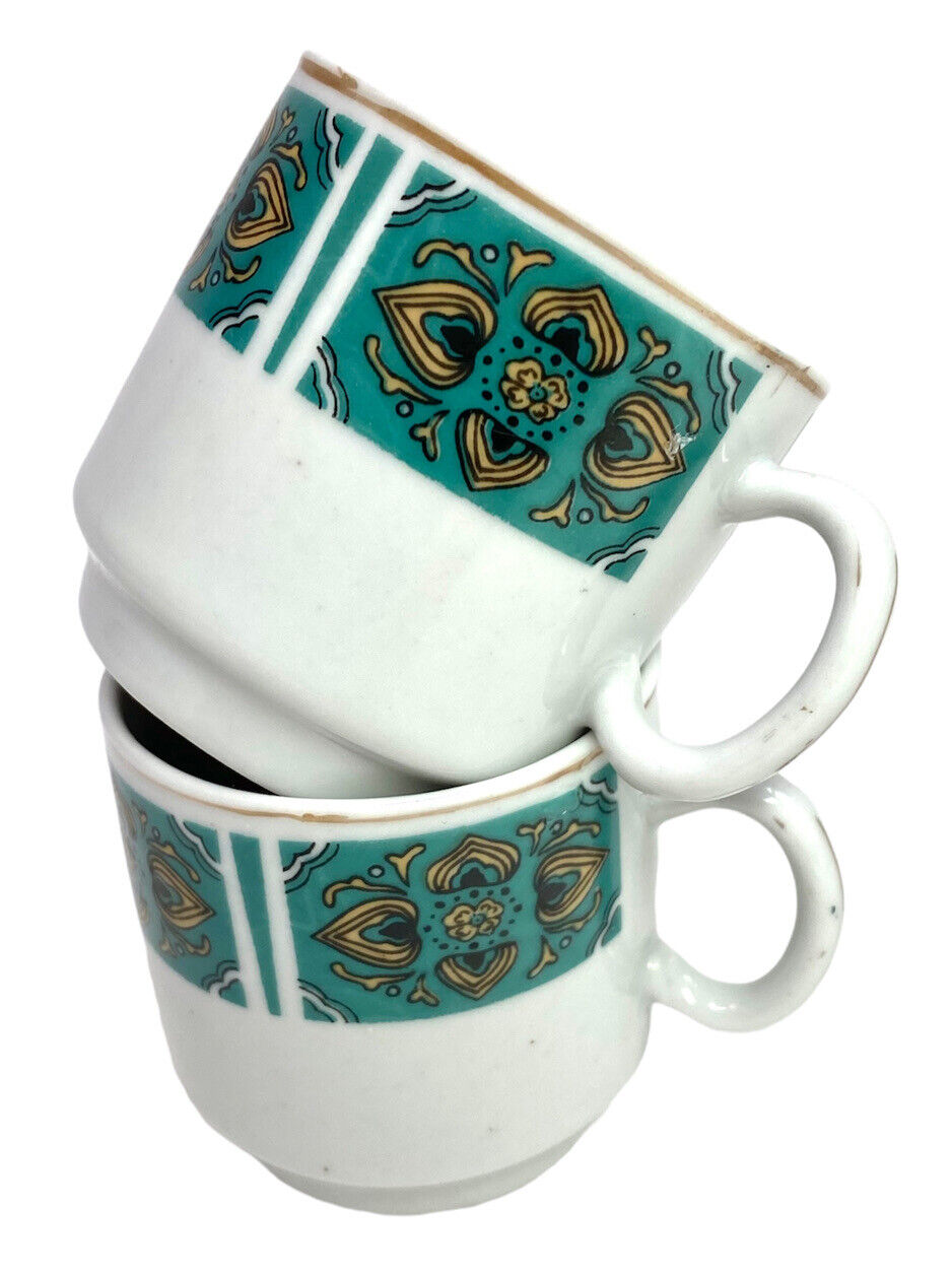 Vintage Ceramic Espresso Demitasse Tea Cups Mugs Set Of 2 Green Made in China