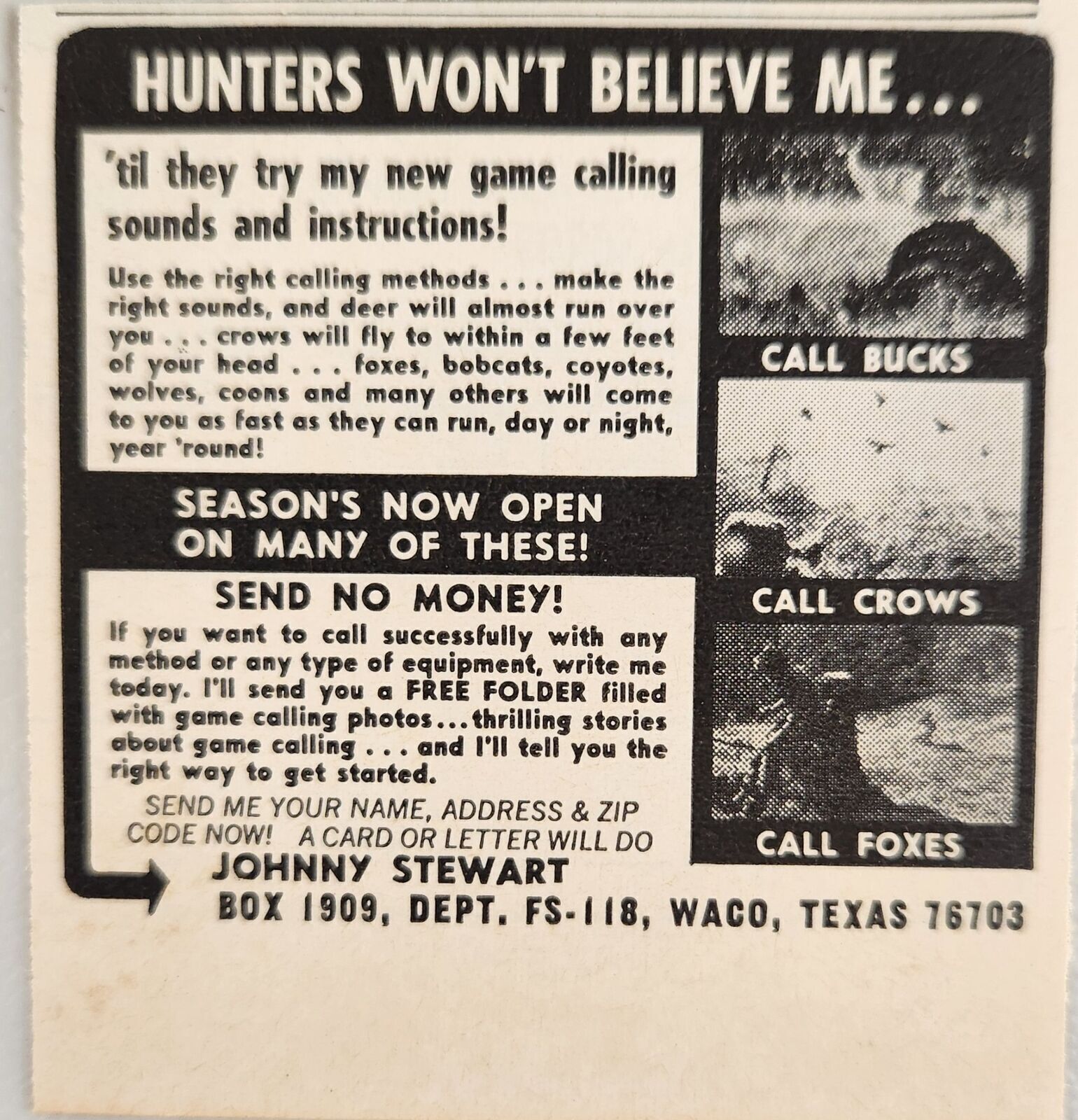 1968 Print Ad Johnny Stewart Hunting Game Calls Bucks,Crows,Foxes Waco,Texas