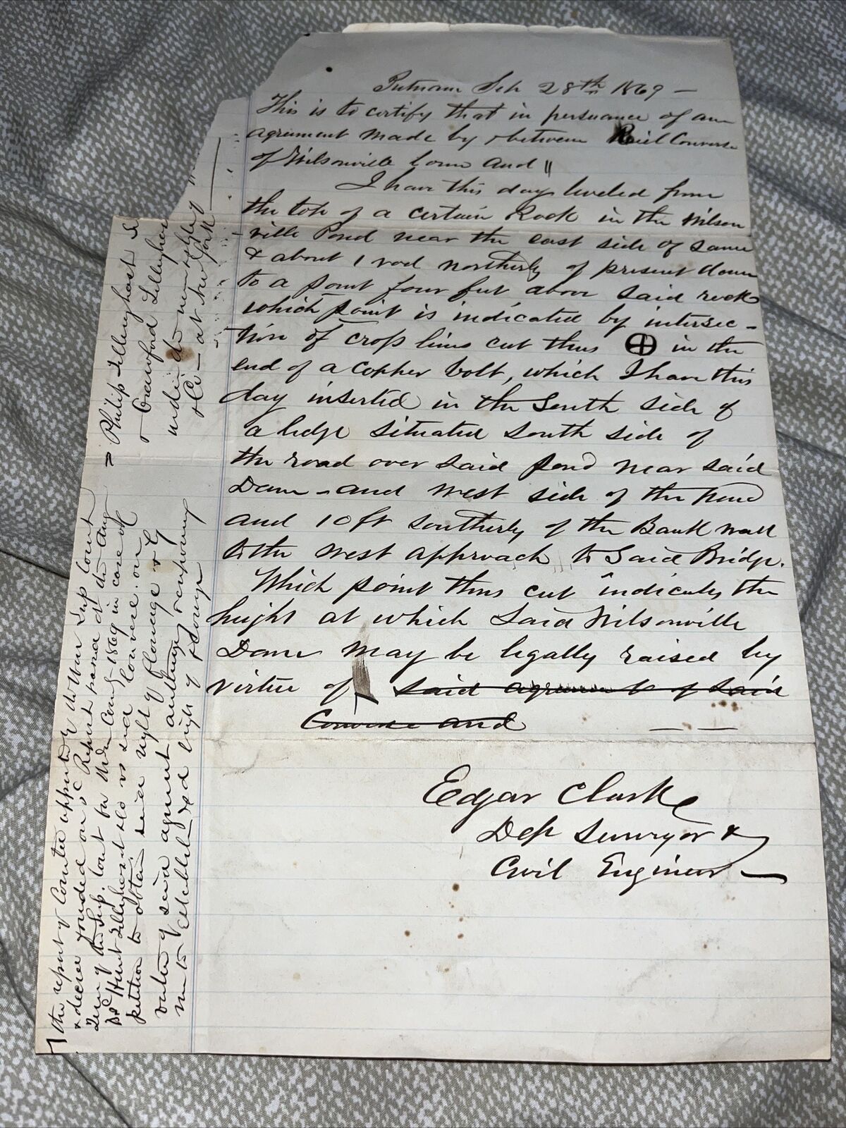 Antique 1869 Surveyor & Civil Engineer Letter on Wilsonville Pond Thompson CT