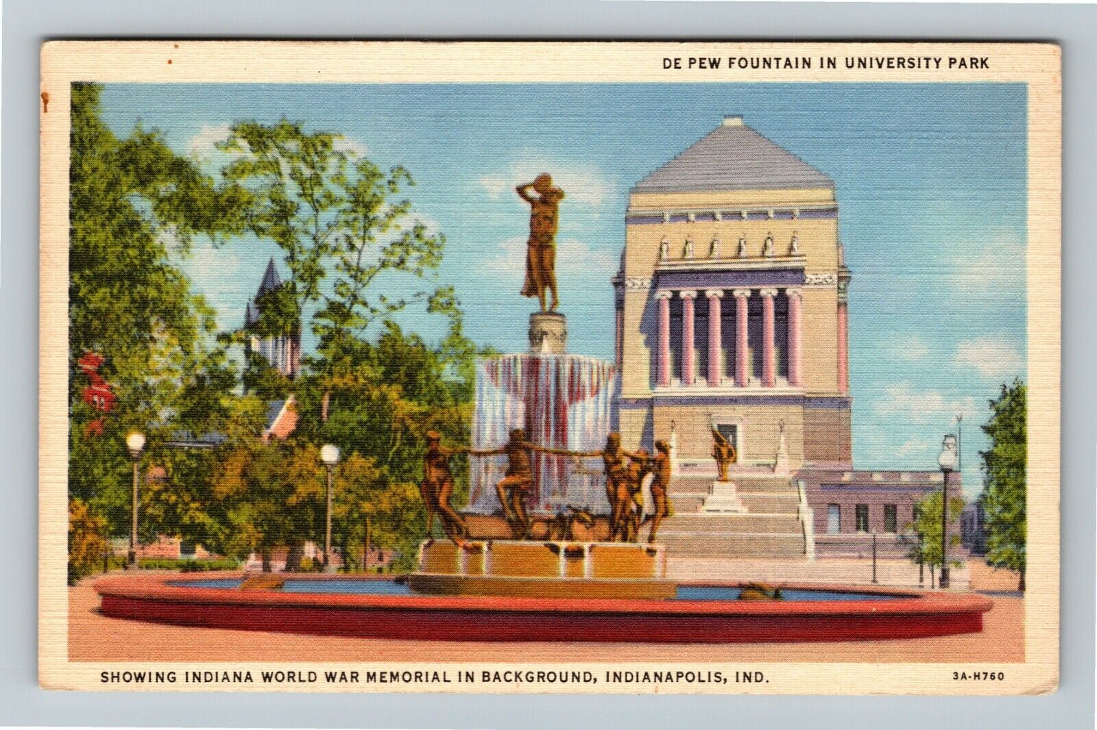 Indianapolis IN-Indiana,De Pew Fountain,World War Memorial 1948 Old Postcard