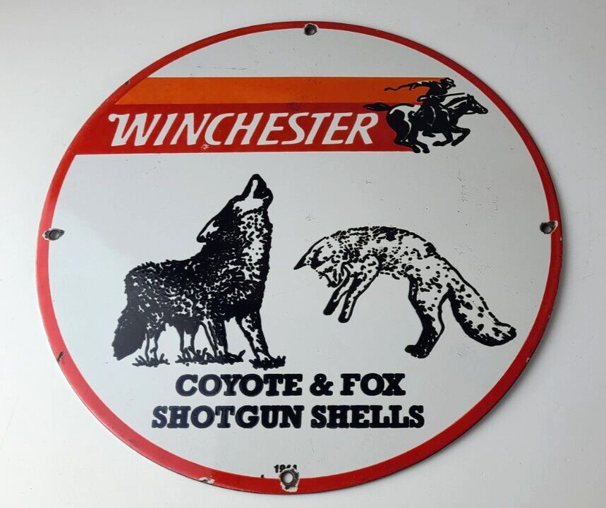 Vintage Winchester Porcelain Sign - Shot Gun Shells Coyote Fox - Gas Pump Sign