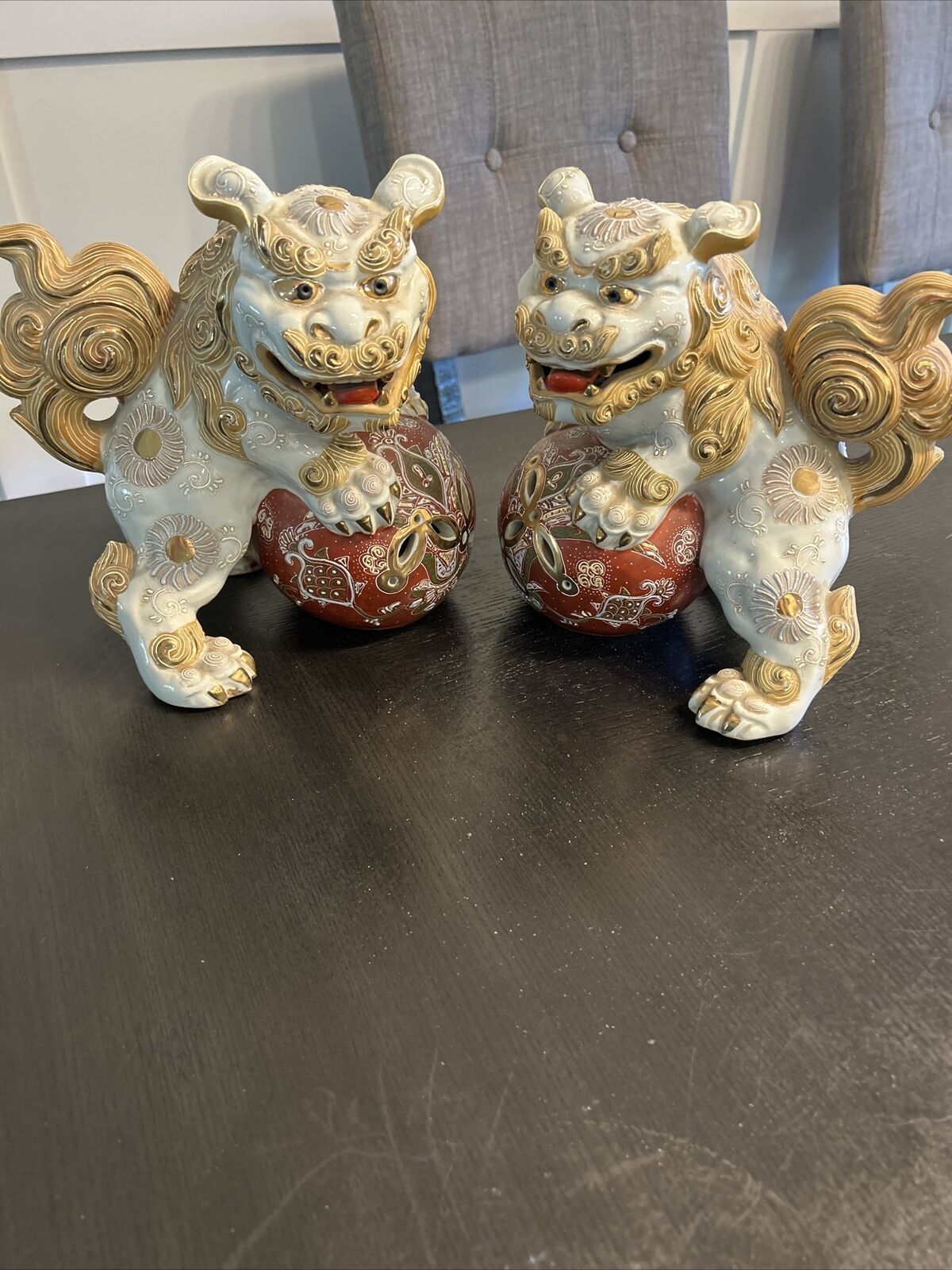 Vintage Pair Kutani Japanese Foo Temple Dog Shishi Lion Porcelain Marked