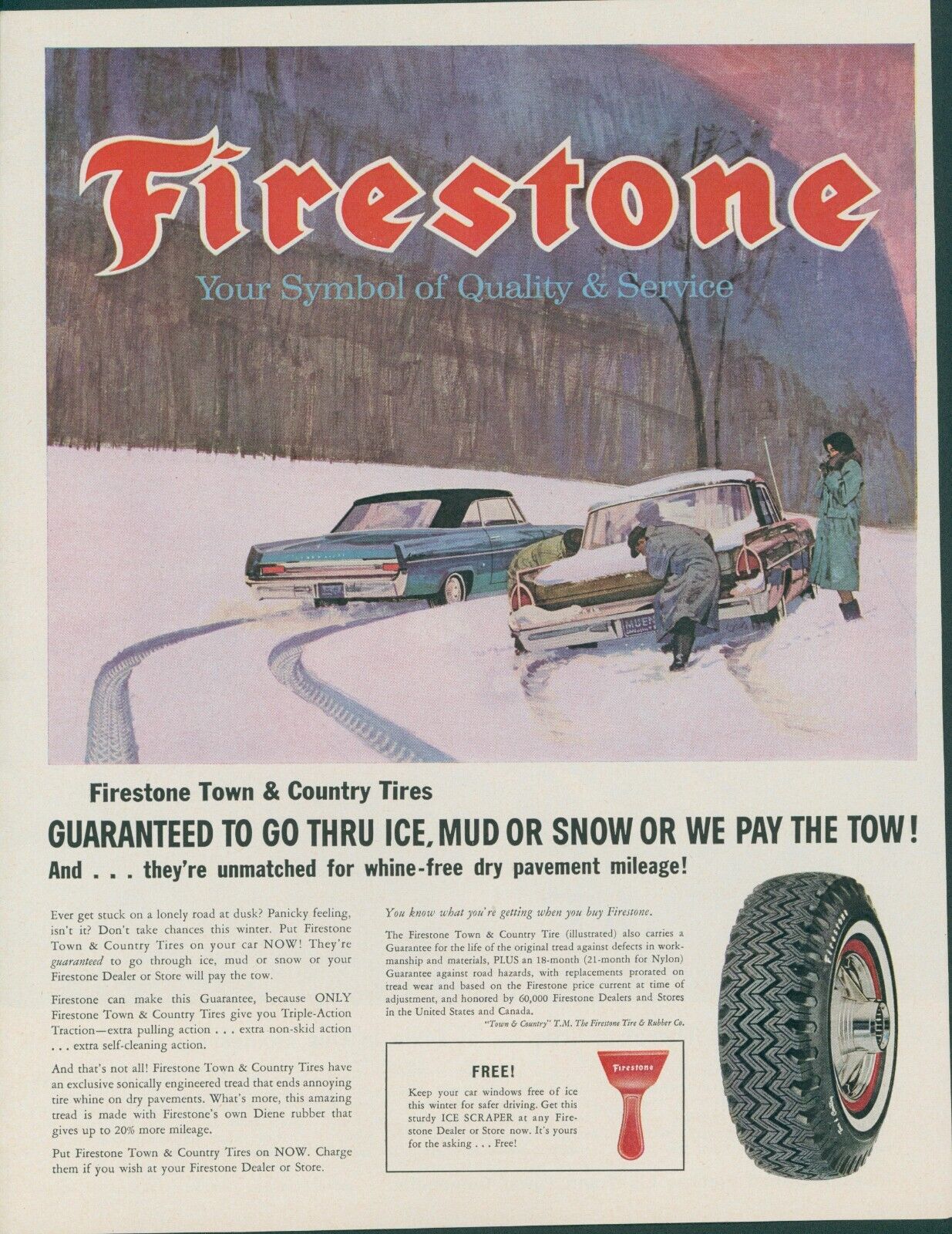 1963 Firestone Town & Country Tires Ice Mud Snow or Pay For Tow Print Ad LO5