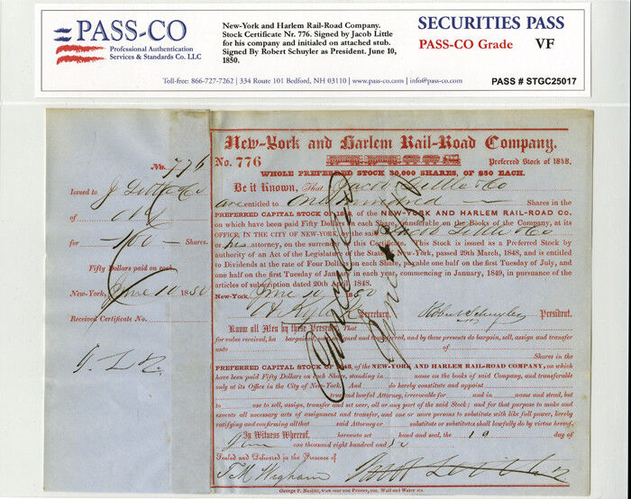 Jacob Little - New York and Harlem Railroad - Railway Stock Certificate - Autogr