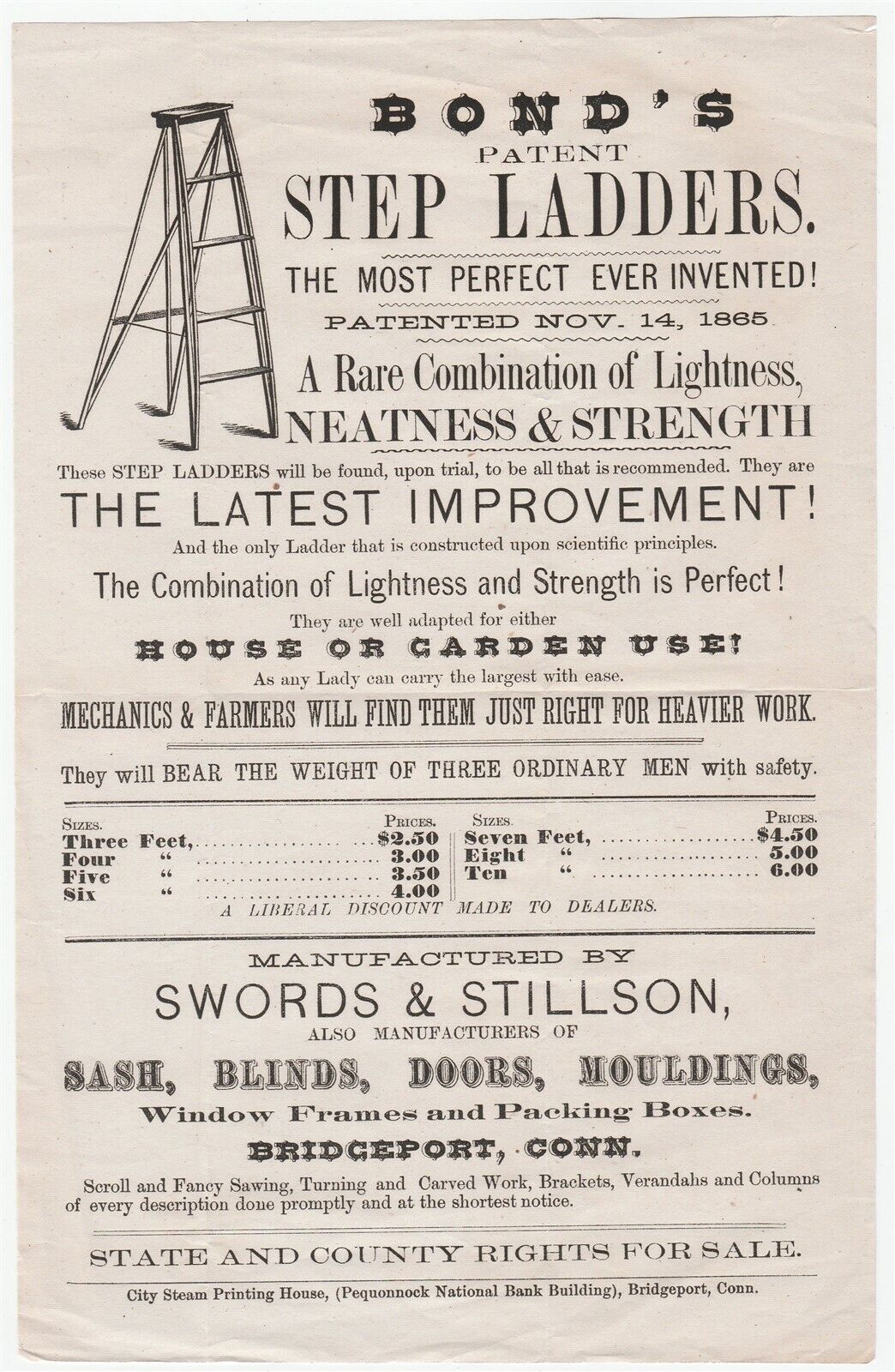 1800s Bond\'s Patent Step Ladders handbill (Swords & Stillson, Bridgeport)