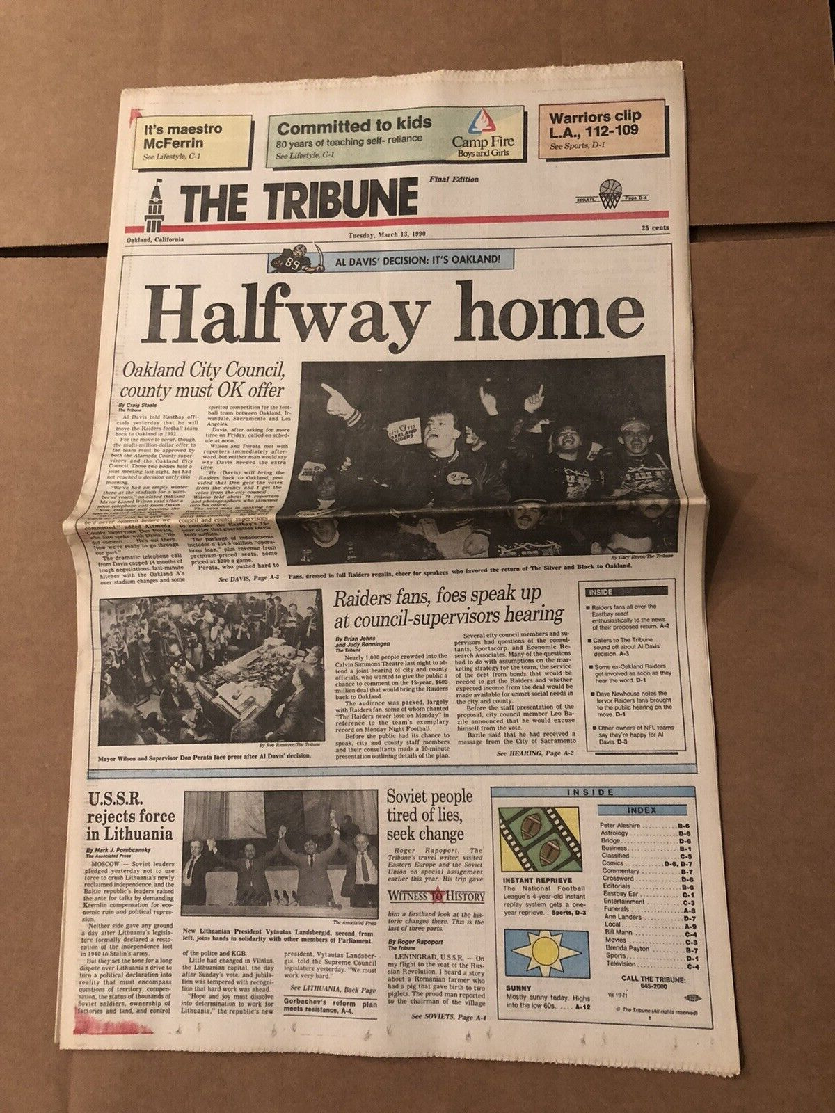 HALFWAY HOME Oakland Raiders March 13 1990 Tribune Newpaper Al Davis Sports
