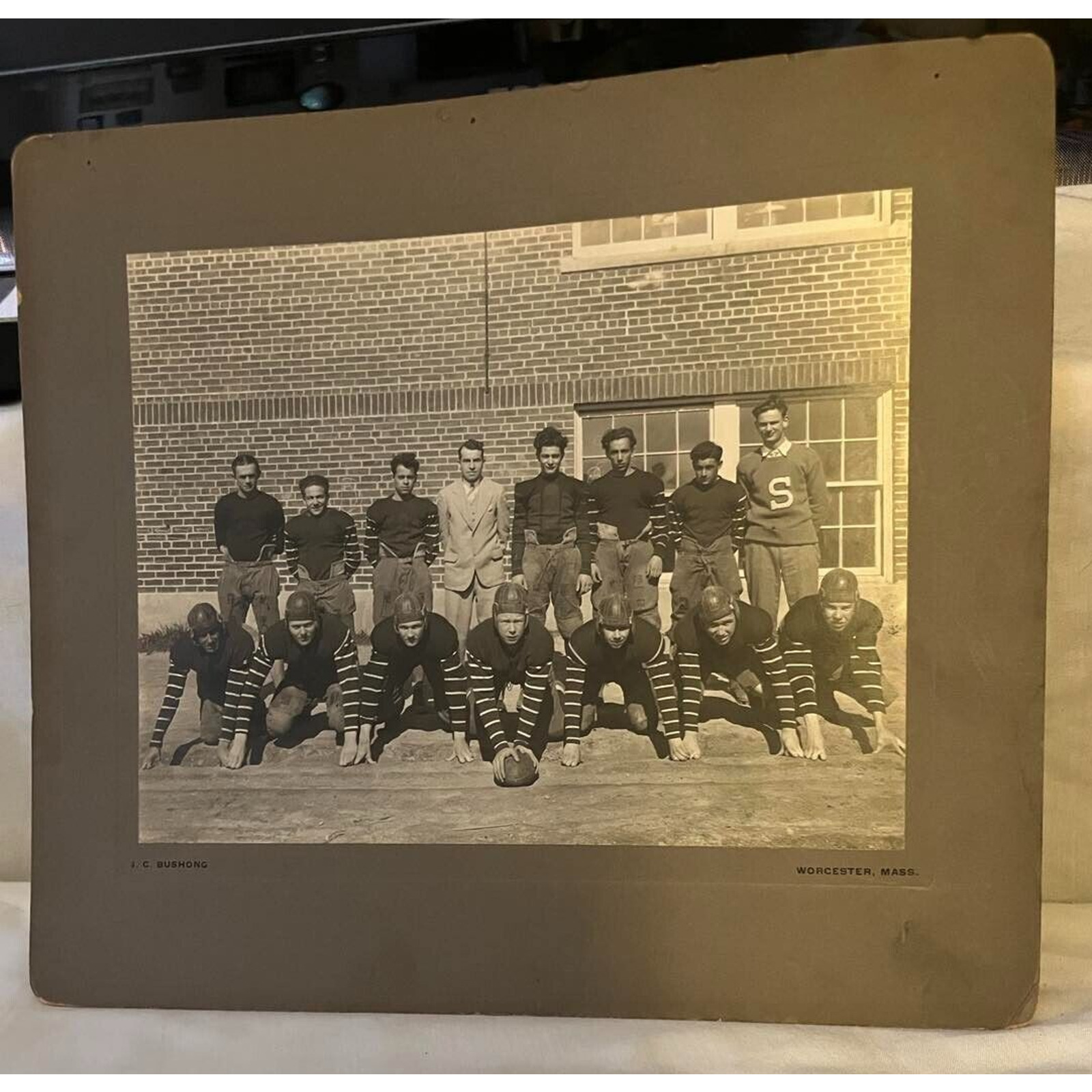 Large Vintage Cabinet Card Photograph Early Football Team 1929 Worcester MASS