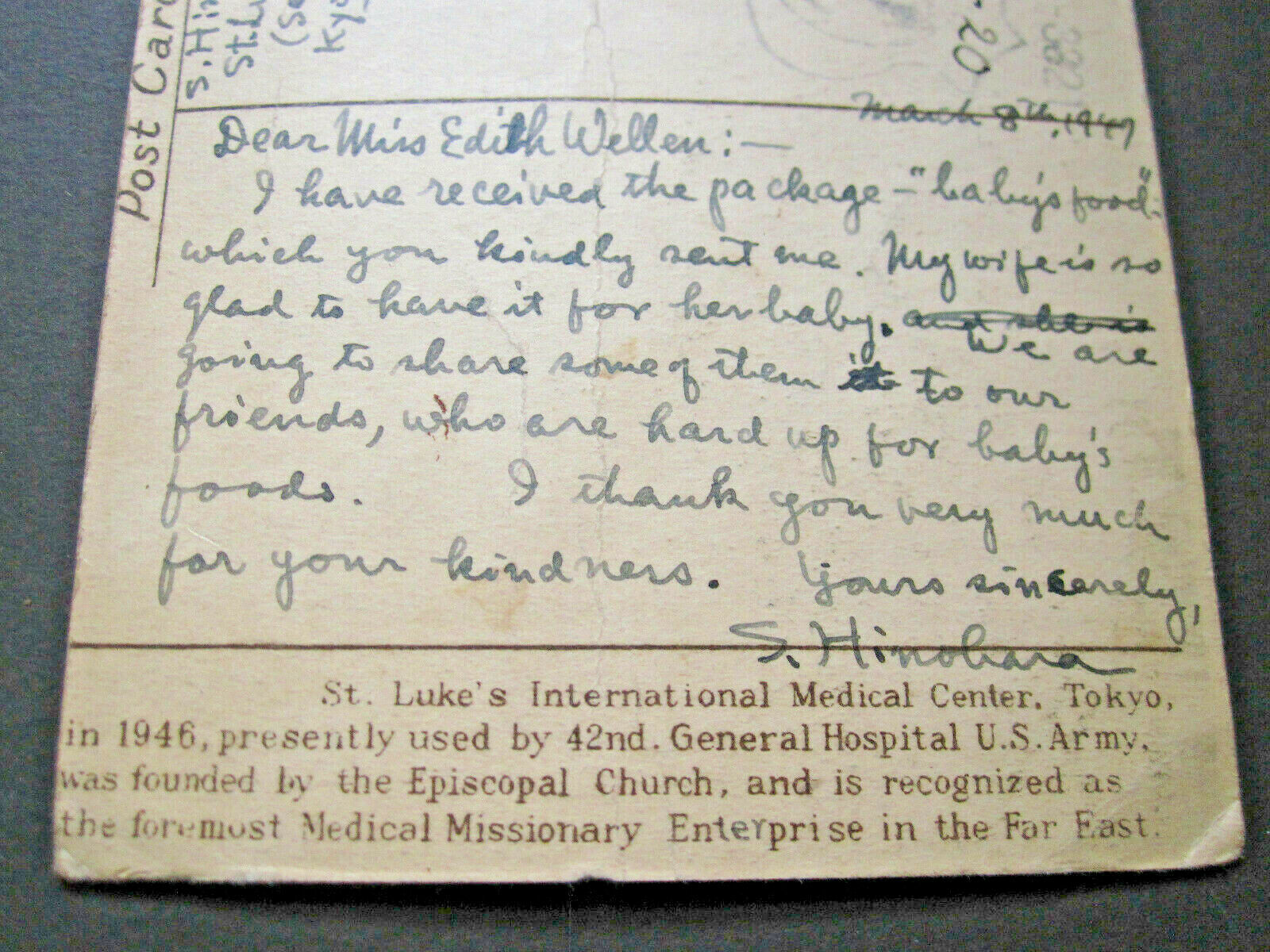 vTg 1947 Dr Shigeaki Hinohara signed St Lukes Missionary Japan RARE postcard
