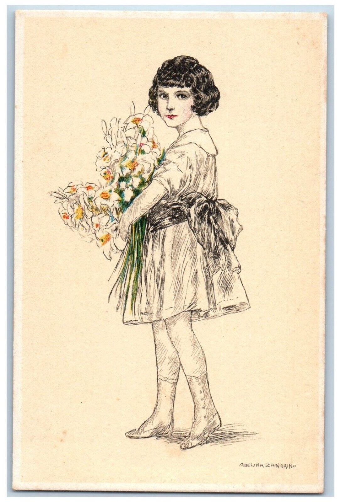 Adelina Zandrino Signed Postcard Pretty Girl Curly Hair Flowers Italy c1910\'s