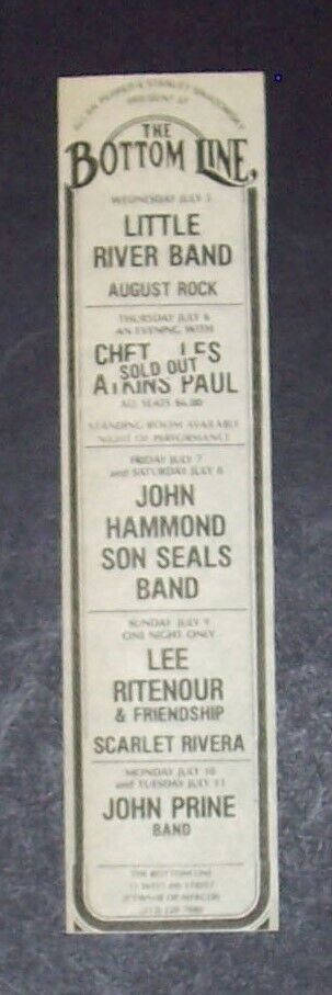 John Prine Chet Akins & Les Paul Lee Ritenour Bottom Line NYC 1978 Concert Ad
