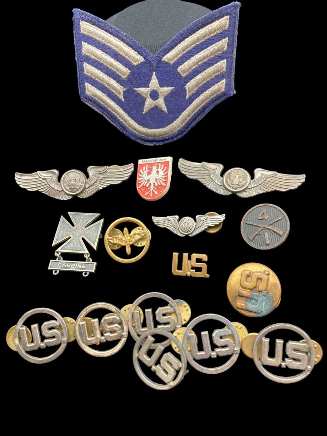 Vintage WWII US Military Lot of 16 Items including Sterling Marksman Badge