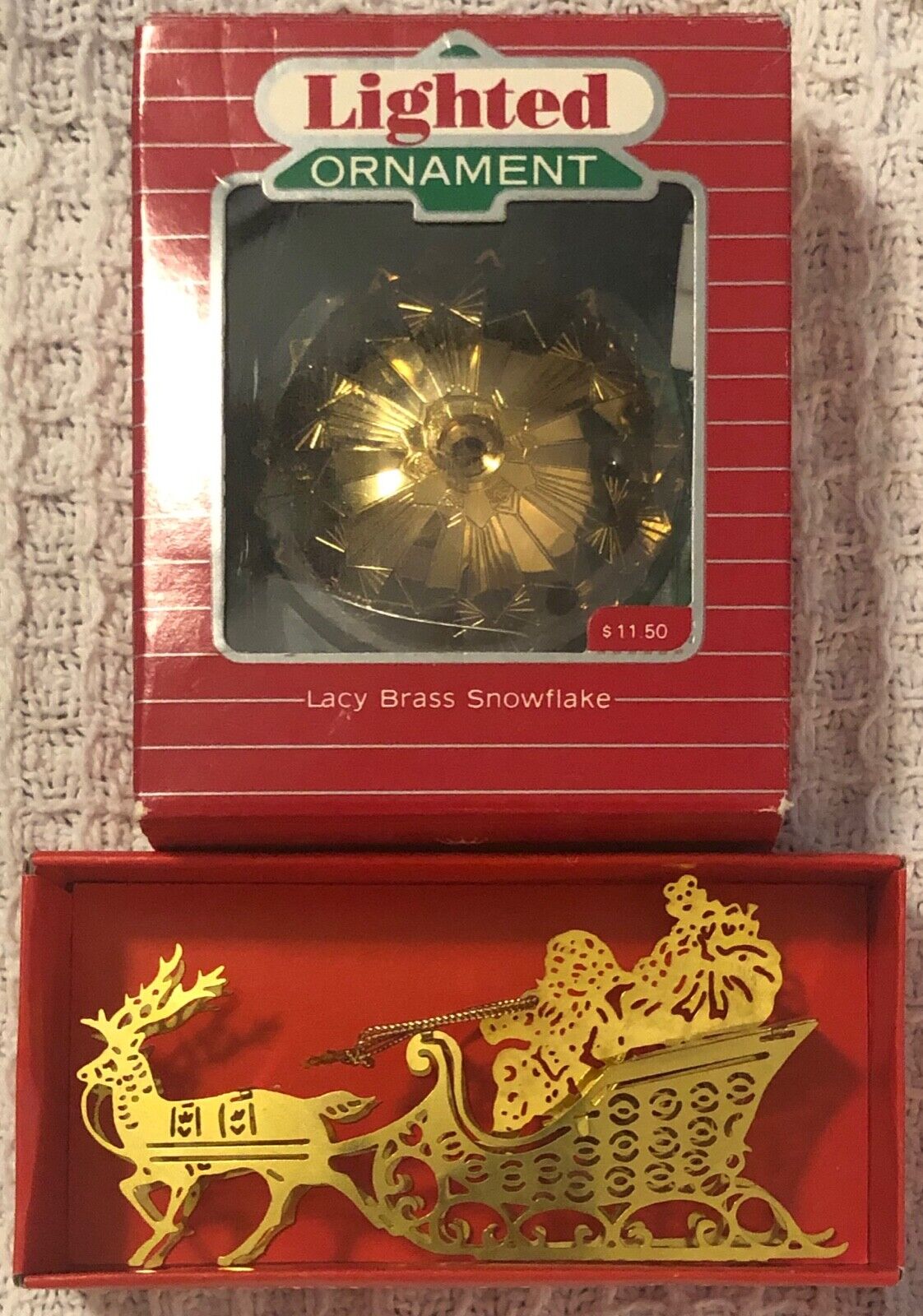 Vintage 1987 Hallmark Lighted Brass Ornament Snowflake & Santa Sleigh w/Reindeer
